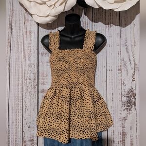 Pleione Anthropologie Leopard Animal Print Smocked Baby Doll Peplum Top